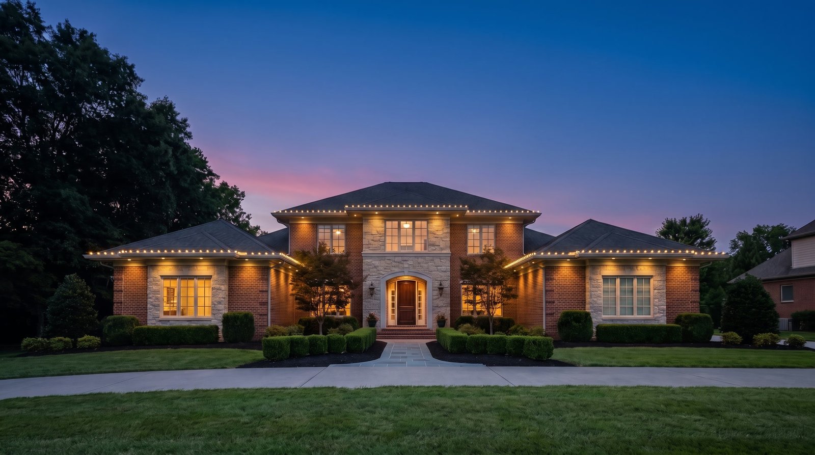 Permanent roofline lighting installed on a Nashville, Tennessee home at dusk